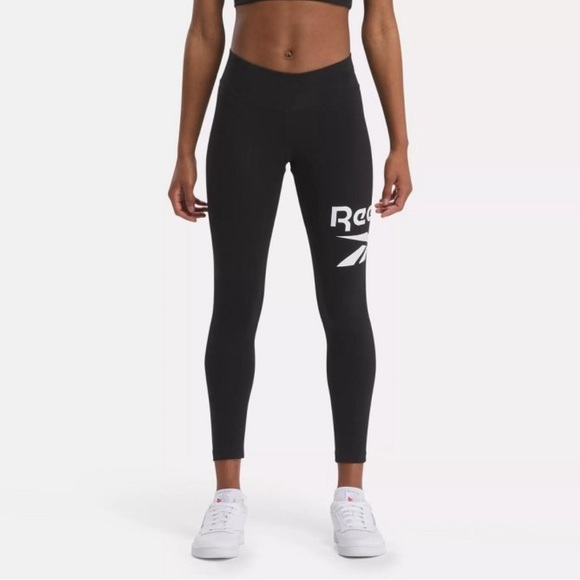 Reebok 7/8 Black Leggings NWT Logo on Leg elastic waist line size medium - Picture 2 of 8